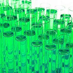 Blue liquid in test tubes in a rack