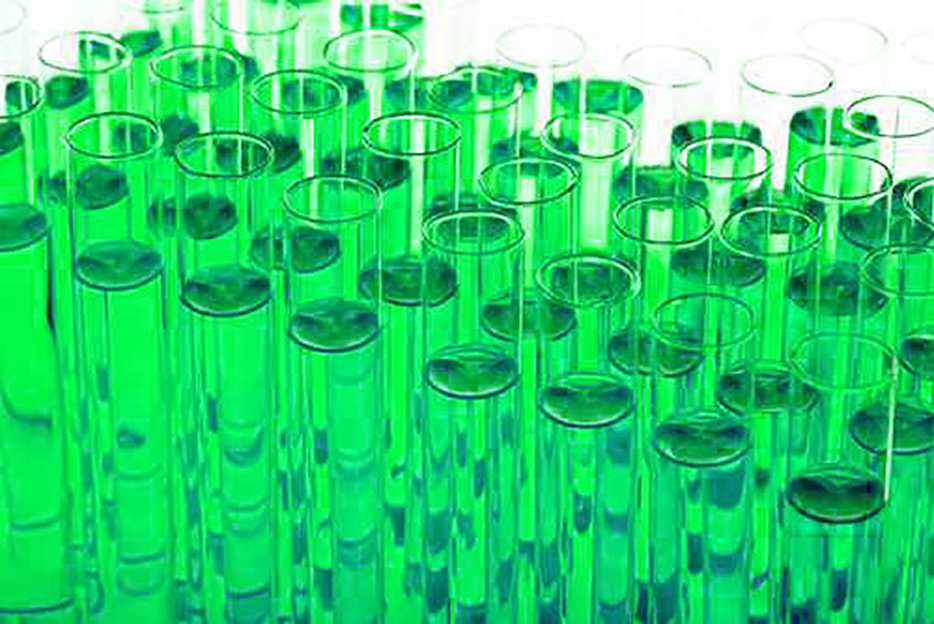 Blue liquid in test tubes in a rack